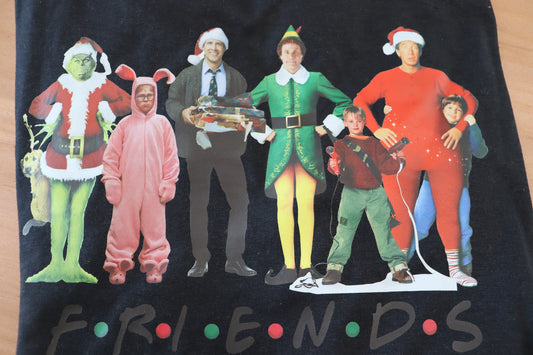 F-R-I-E-N-D-S black t-shirt with Christmas characters
