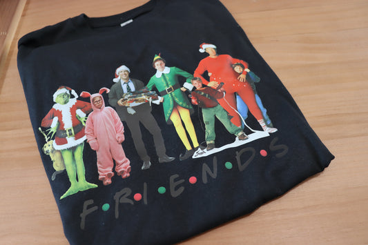 F-R-I-E-N-D-S black t-shirt with Christmas characters