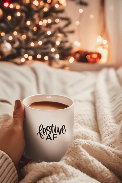 White festive af coffee cup