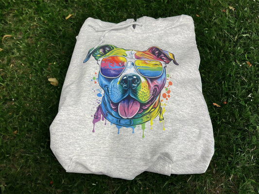 Pitbull with rainbow splatters